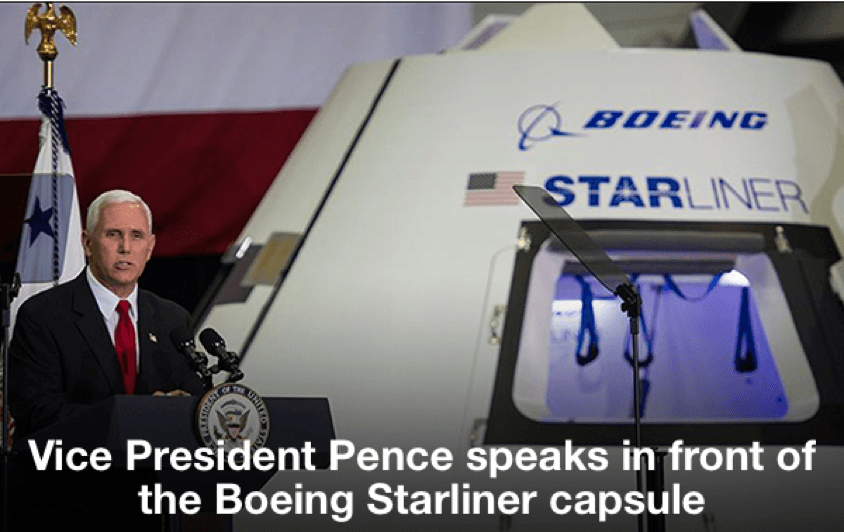 Vice President Pence speaks in front of the Boeing Starliner capsule