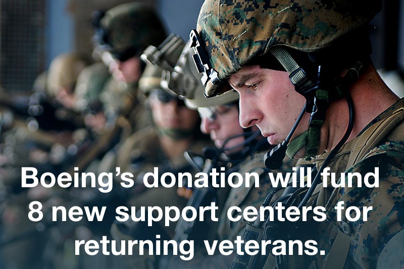 Boeing's donation will fund 8 new support centers for returning veterans.