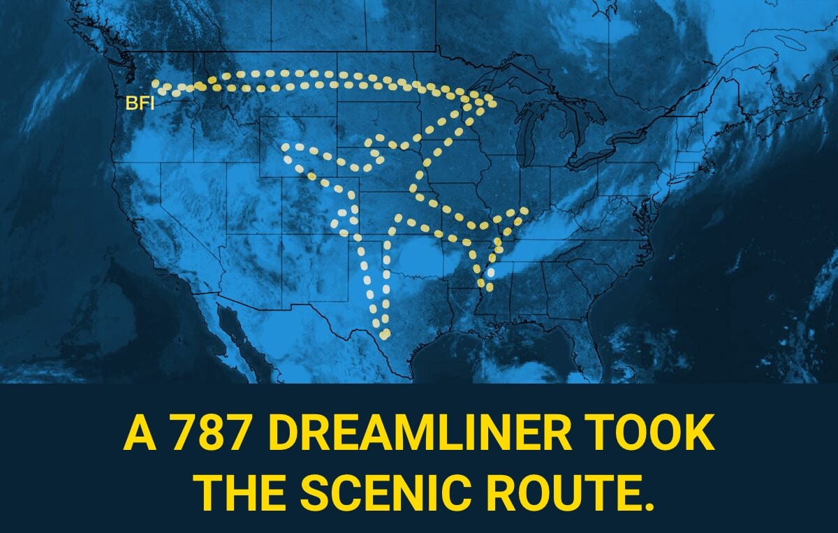 The 787's scenic route over the U.S. in the shape of an airplane.